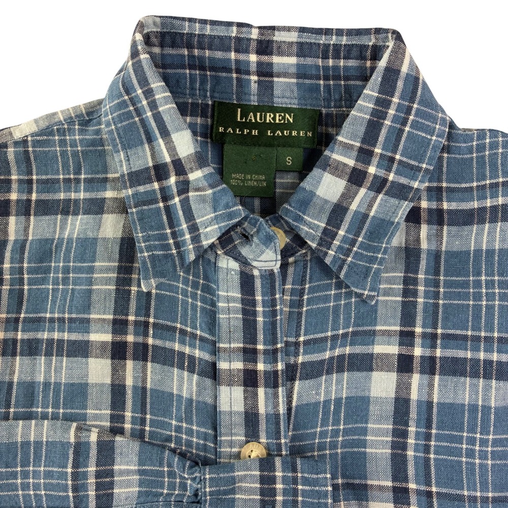 Lauren Ralph Lauren Linen Plaid Shirt Womens S Blue Long Sleeve Button Preppy